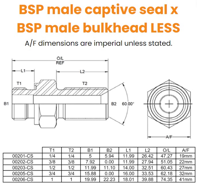 BSP MALE CAPTIVE SEAL FOR 3869 X BSP MALE BULKHEAD ONLY COMPLETE WITH SEAL, 1/4 BSP (CS) X 1/4 BSP Hydraulic Adaptor